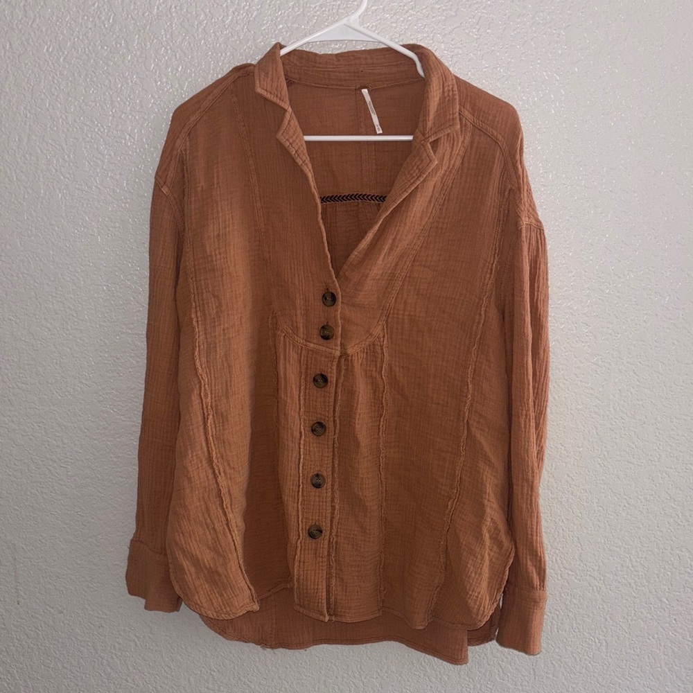 Free People All About The Feels Textured Cotton Peach Coral Button Down XS - Picture 4 of 6